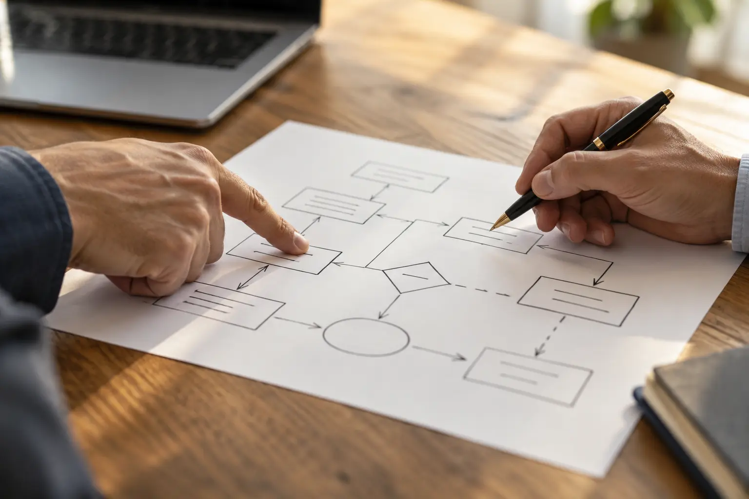 Dos personas revisando juntas un mapa de procesos