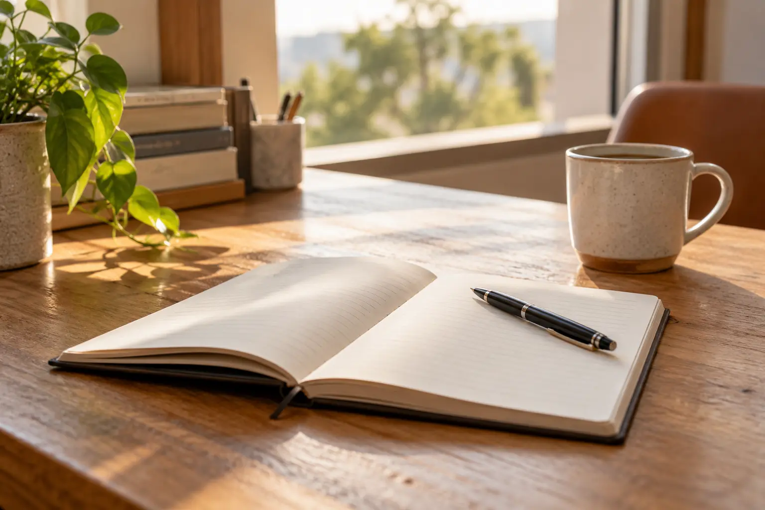 Cuaderno abierto con una pluma